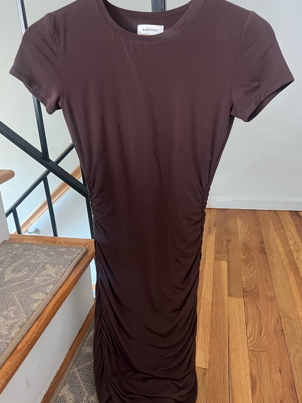 Babaton Chocolate Brown Knit Dress - Short-Sleeve Crewneck Lined XS